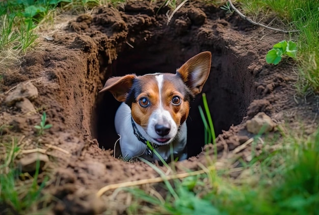 Jack-Russell-Terrier gräbt draußen im Hinterhof ein Hundeloch