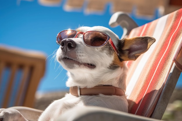 Jack-Russell-Terrier-Hund mit Sonnenbrille, der sich auf einer Sonnenleise sonnenbaden, Generative KI