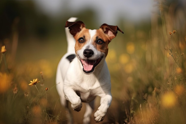 Jack-Russell-Terrier läuft auf dem Feld der gelben Blumen, KI-generiert