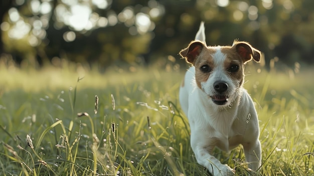 Jack Russell Terrier läuft im Freien auf einem großen Rasenfeld