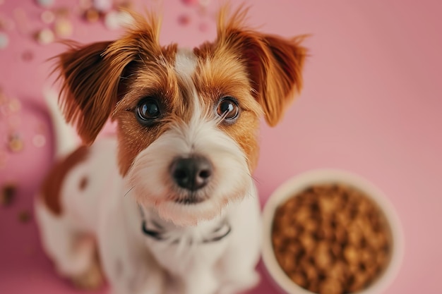 Un Jack Russell Terrier mirando a la cámara y un cuenco de comida para perros