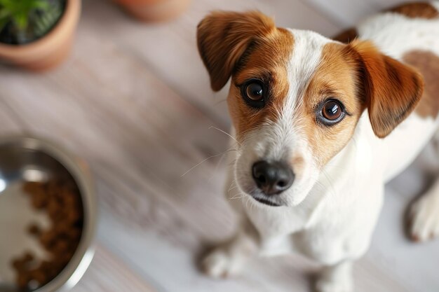 Un Jack Russell Terrier mirando a la cámara y un cuenco de comida para perros