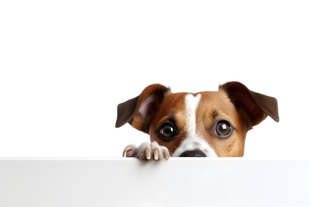 Foto jack russell terrier mirando desde detrás de una bandera blanca