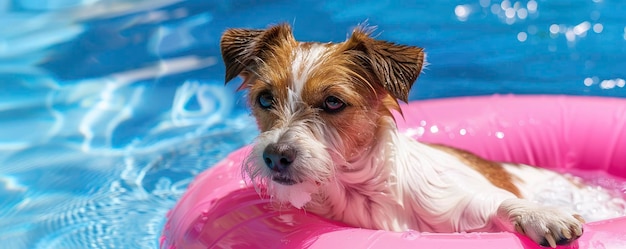 Foto jack russell terrier nadando en una piscina rosa flotando en la piscina en un día soleado