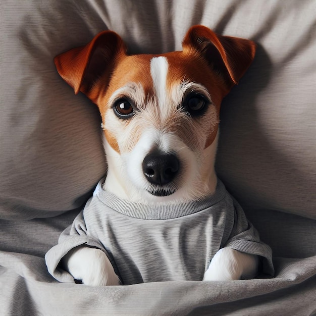 Jack russell terrier perro en un suéter gris se encuentra en la cama