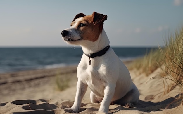 Jack Russell Terrier sitzt auf dem Strand, ein professionelles Werbe-Post-Foto, das von AI generiert wurde