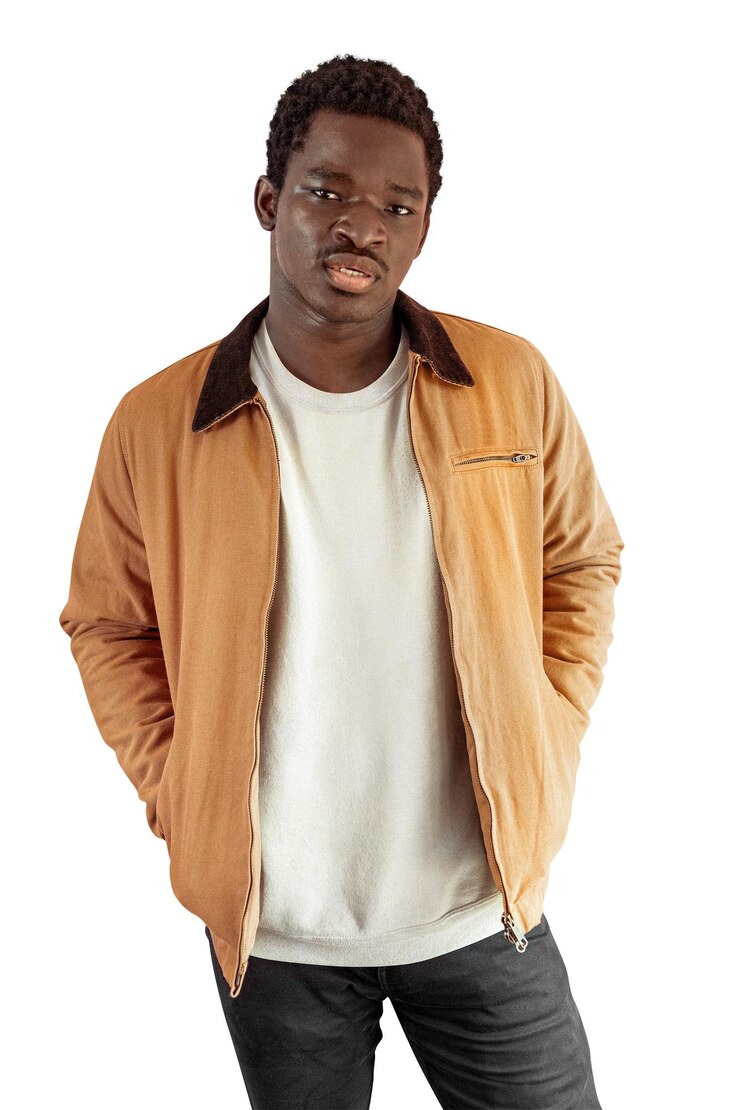 Foto jacket bege masculino em png com maquete de camisola em cinza