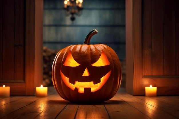 Jacko'lantern com uma vela dentro deixando espaço para os detalhes do seu festival de Halloween