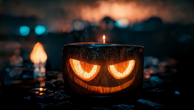 Jacko'lantern Kürbiskopf mit Kerzen Halloween-Kürbis in einem nebligen Wald mit Kerzen