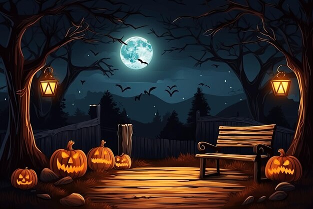 Jacko'lantern Kürbisse und Grabsteine auf einem Friedhof in der Nacht Generative KI-Illustration Halloween-Hintergrund