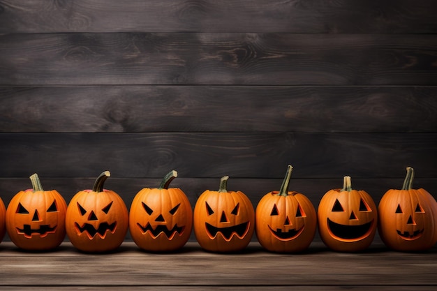 Jacko'lanterns dispostos em uma fila com espaço para suas mensagens de Halloween