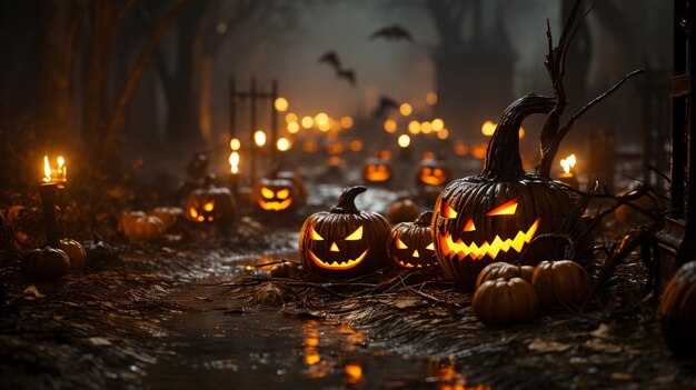 Jacko'Lanterns em uma IA generativa de floresta assustadora