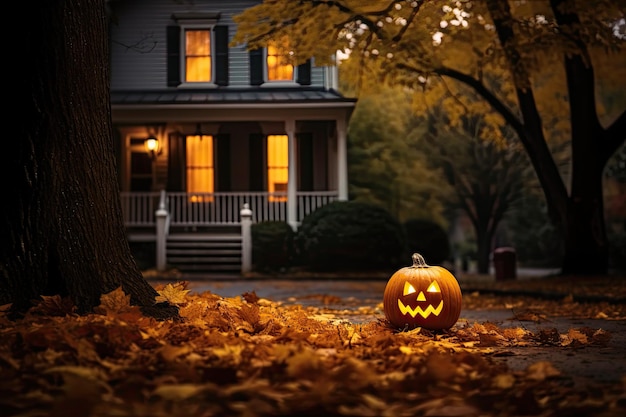 Jackolantern abóbora de Halloween perto da casa Decorações caseiras festivas IA generativa
