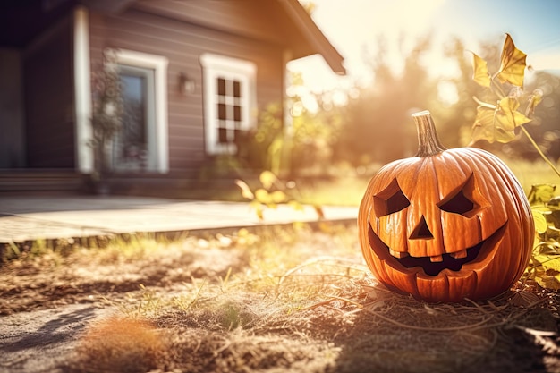 Jackolantern abóbora de Halloween perto da casa Decorações caseiras festivas IA generativa