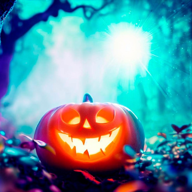 Jackolantern assustador em uma floresta mágica brilhante com uma lua brilhante ao fundo