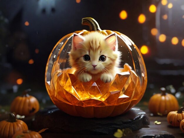 Jackolantern de calabaza de Halloween y gatito de jengibre sobre fondo de madera negra