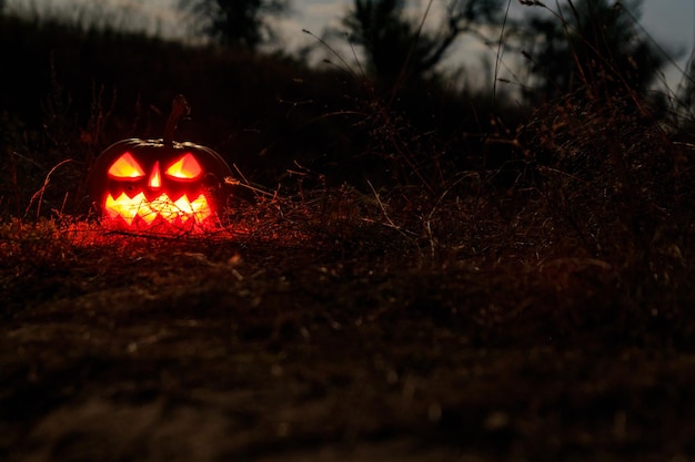 Jackolantern de abóbora de Halloween assustador com velas em chamas na floresta assustadora à noite