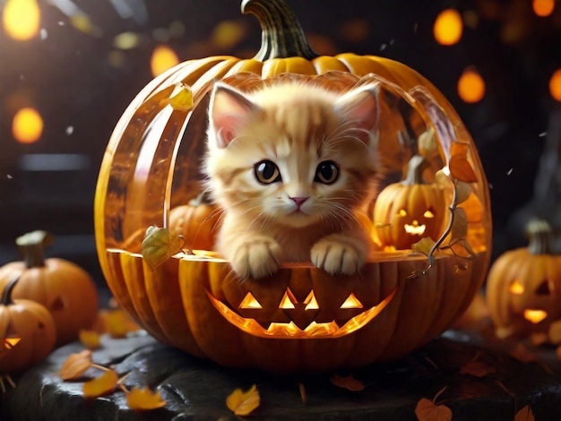 jackolantern de abóbora de Halloween e gatinho ruivo em fundo preto de madeira