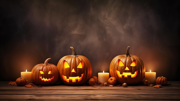 Jackolantern Kürbisse Kerzen Girlande Niedlicher Halloween-Hintergrund Generative KI