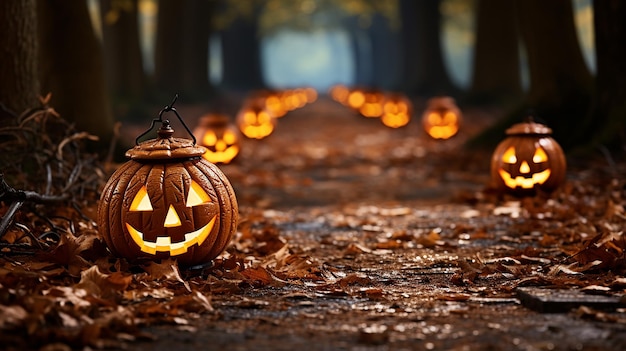 Jackolanterns alineados a lo largo de un camino sinuoso generado por Ai