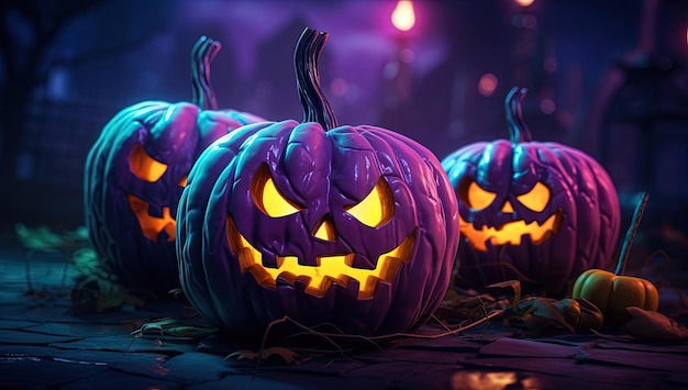 jackolanterns assustadores de Halloween em uma mesa em roxo e verde