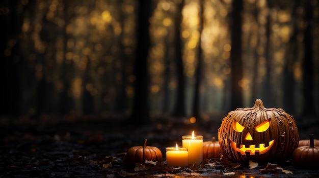 Jackolanterns e velas no meio da floresta Fonte para o evento festivo de Halloween
