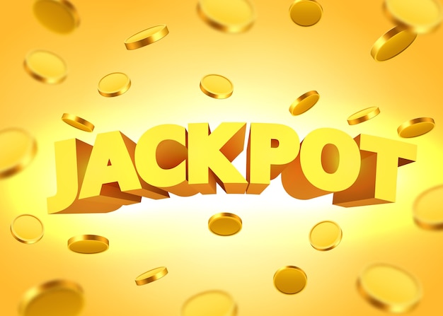 Jackpot-Zeichen mit realistischen 3D-Münzen des Goldes.