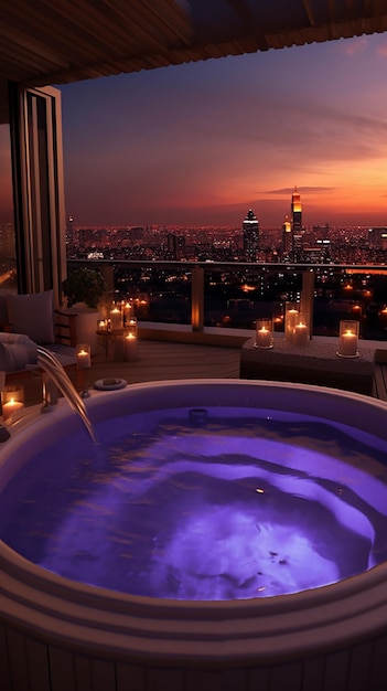 Un jacuzzi con vista a la ciudad de fondo