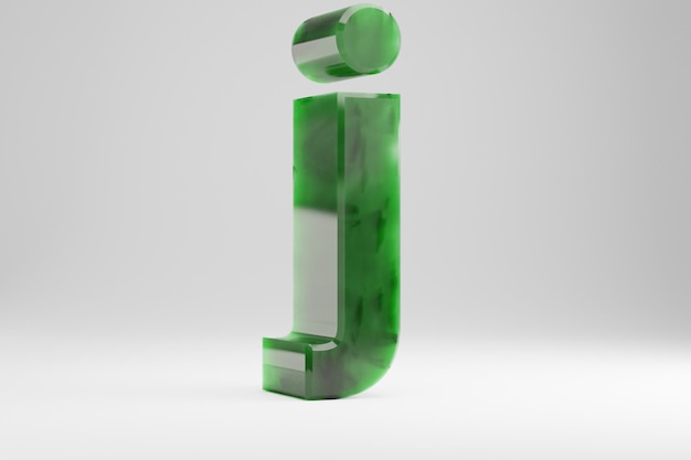 Jade 3d Buchstabe J Kleinbuchstaben. Jade-Buchstabe isoliert auf weißem Hintergrund. Halbtransparentes Steinalphabet aus grüner Jade. 3D gerenderte Schriftzeichen.