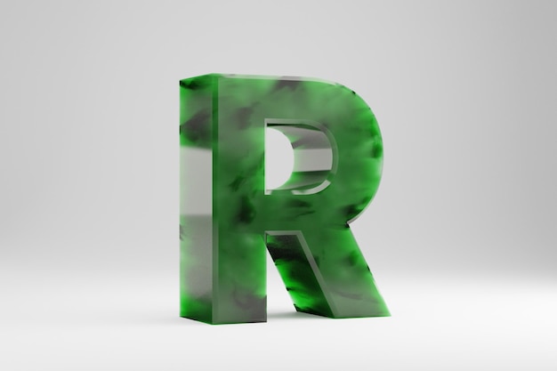 Jade 3D-Buchstabe R Großbuchstaben. Jade-Buchstabe isoliert auf weißem Hintergrund. Halbtransparentes Steinalphabet aus grüner Jade. 3D gerenderte Schriftzeichen.