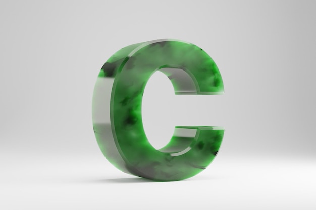 Jade 3d letra C mayúscula. Letra de jade aislada sobre fondo blanco. Alfabeto de piedra semitransparente de jade verde. Carácter de fuente renderizado 3D.