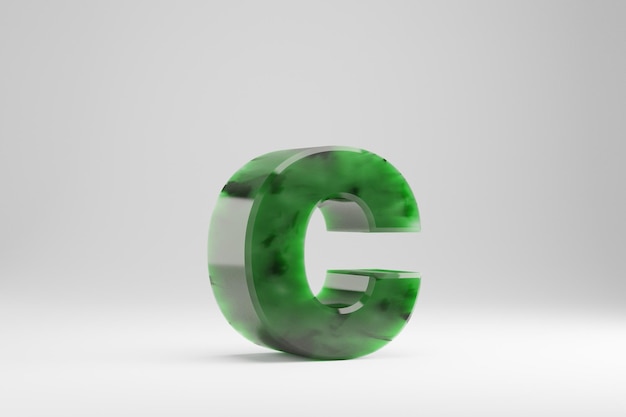 Jade 3d letra C minúscula. Letra de jade aislada sobre fondo blanco. Alfabeto de piedra semitransparente de jade verde. Carácter de fuente renderizado 3D.