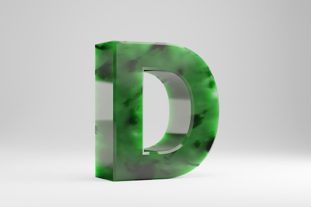 Jade 3d letra D maiúscula. Carta de Jade isolada no fundo branco. Alfabeto de pedra semitransparente de jade verde. Personagem de fonte renderizada 3D.