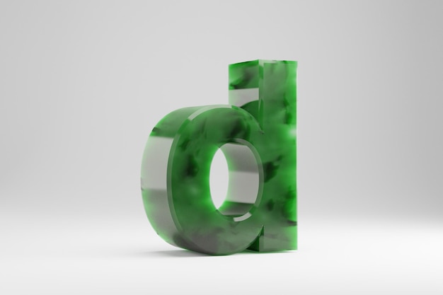 Jade 3d letra D minúscula. Carta de Jade isolada no fundo branco. Alfabeto de pedra semitransparente de jade verde. Personagem de fonte renderizada 3D.