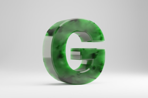 Jade 3d letra G mayúscula. Letra de jade aislada sobre fondo blanco. Alfabeto de piedra semitransparente de jade verde. Carácter de fuente renderizado 3D.