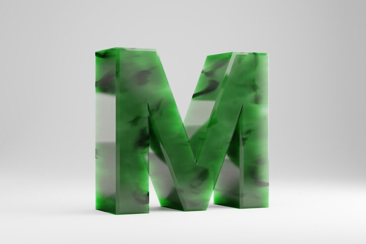 Foto jade 3d letra m maiúscula. carta de jade isolada no fundo branco. alfabeto de pedra semitransparente de jade verde. personagem de fonte renderizada 3d.