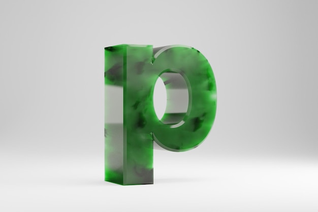 Jade 3d letra P minúscula. Carta de Jade isolada no fundo branco. Alfabeto de pedra semitransparente de jade verde. Personagem de fonte renderizada 3D.