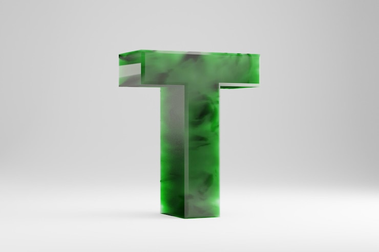 Foto jade 3d letra t maiúscula. carta de jade isolada no fundo branco. alfabeto de pedra semitransparente de jade verde. personagem de fonte renderizada 3d.