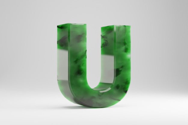 Jade 3d letra U mayúscula. Letra de jade aislada sobre fondo blanco. Alfabeto de piedra semitransparente de jade verde. Carácter de fuente renderizado 3D.