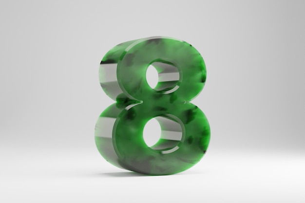 Jade 3d número 8. Número de jade aislado sobre fondo blanco. Alfabeto de piedra semitransparente de jade verde. Carácter de fuente renderizado 3D.