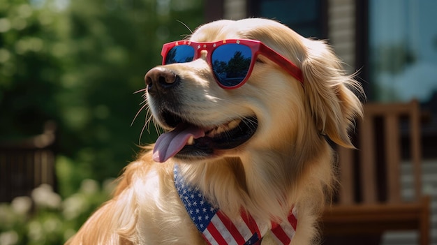 Jadeando Golden Retriever afuera usando un divertido Pañuelo patriótico el 4 de julio