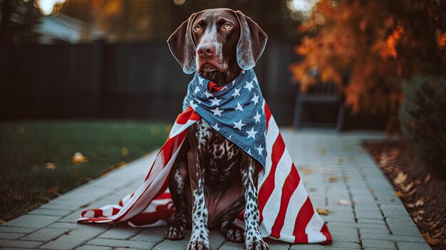 Foto jadeando perro puntero alemán de pelo corto afuera vistiendo la bandera de ee.uu. el 4 de julio