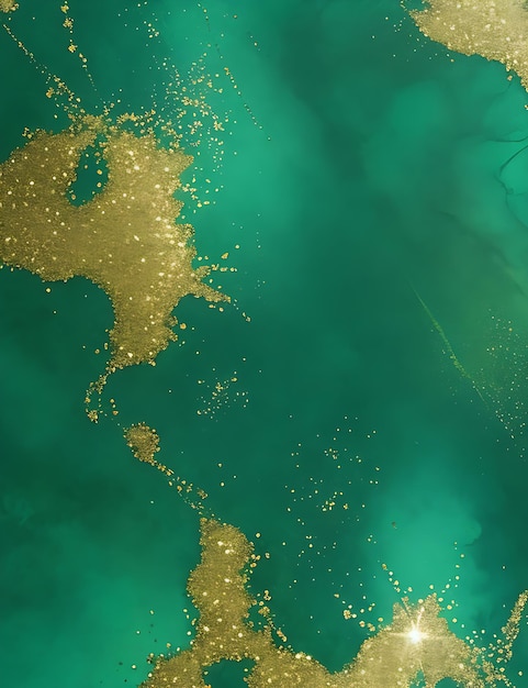 Jadegrüner Hintergrund mit Alkoholtinte und goldenem Glitzer