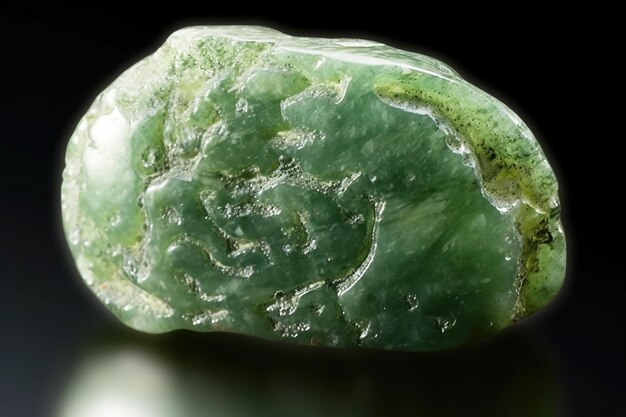 Foto la jadeita es una rara piedra natural preciosa sobre un fondo negro generada por la ia.