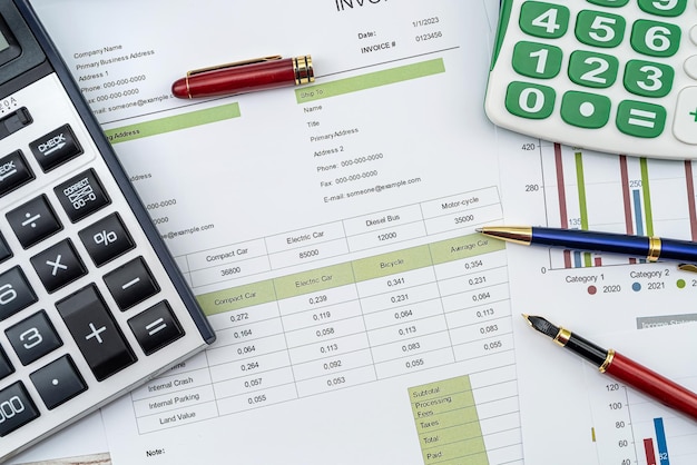 Jährliche Datendiagramme für Finanzdokumente mit Taschenrechnerstift auf dem Finanzbuchhaltungskonzept des Schreibtischs