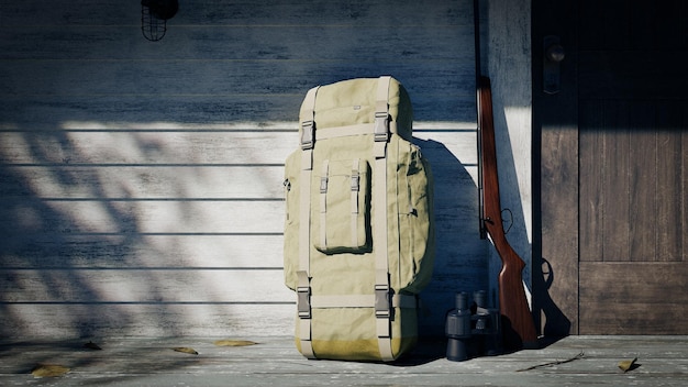 Jagdgewehr und Rucksack vor der Kabine 3D-Rendering