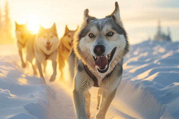 Jagdhunde rennen an einem frühen, sonnigen Wintermorgen durch den Schnee