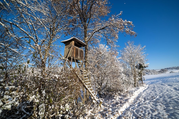 Jagdturm am Rande des Winterwaldes