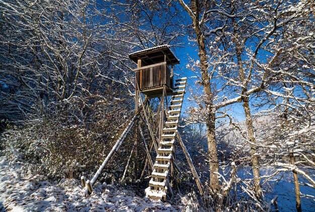 Jagdturm am Rande des Winterwaldes