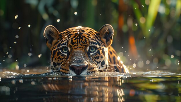 El jaguar acechando en el agua